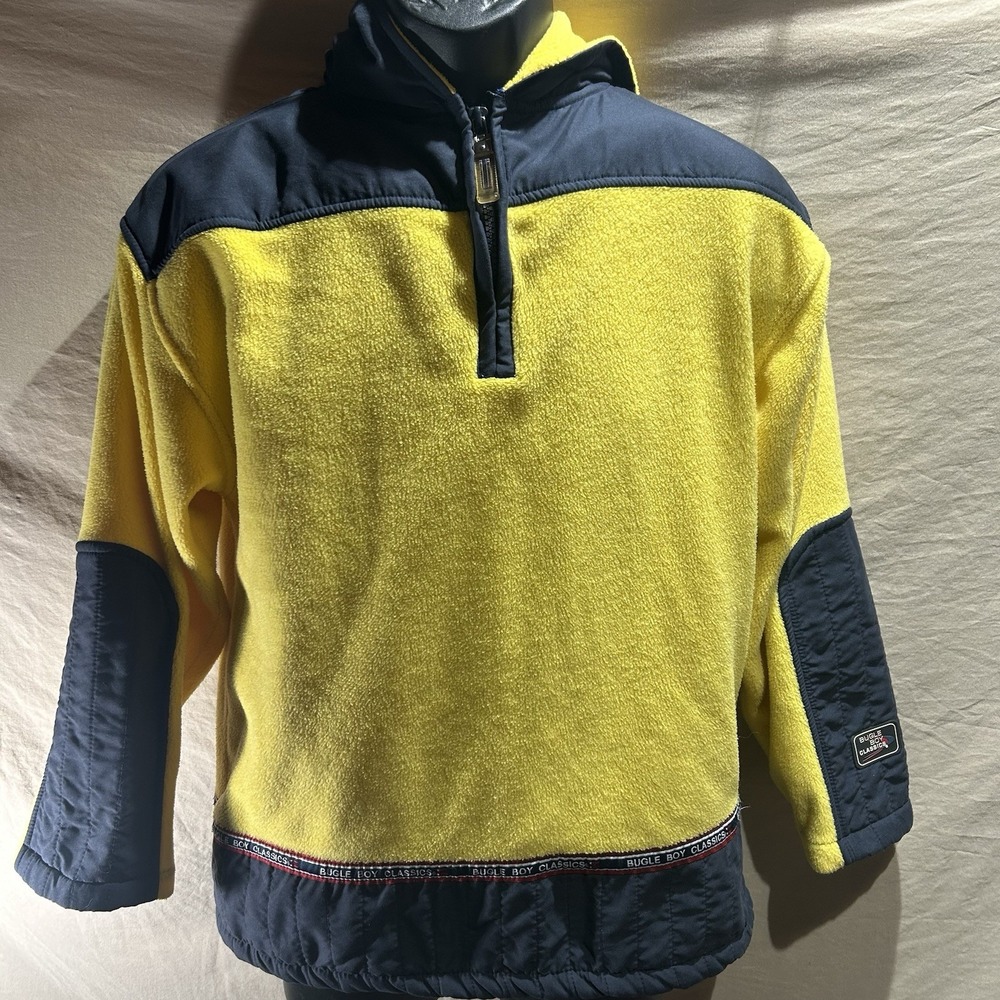Vintage Bugle Boy Classics Mens XL Fleece Pullover Hoodie Yellow Navy Colorblock